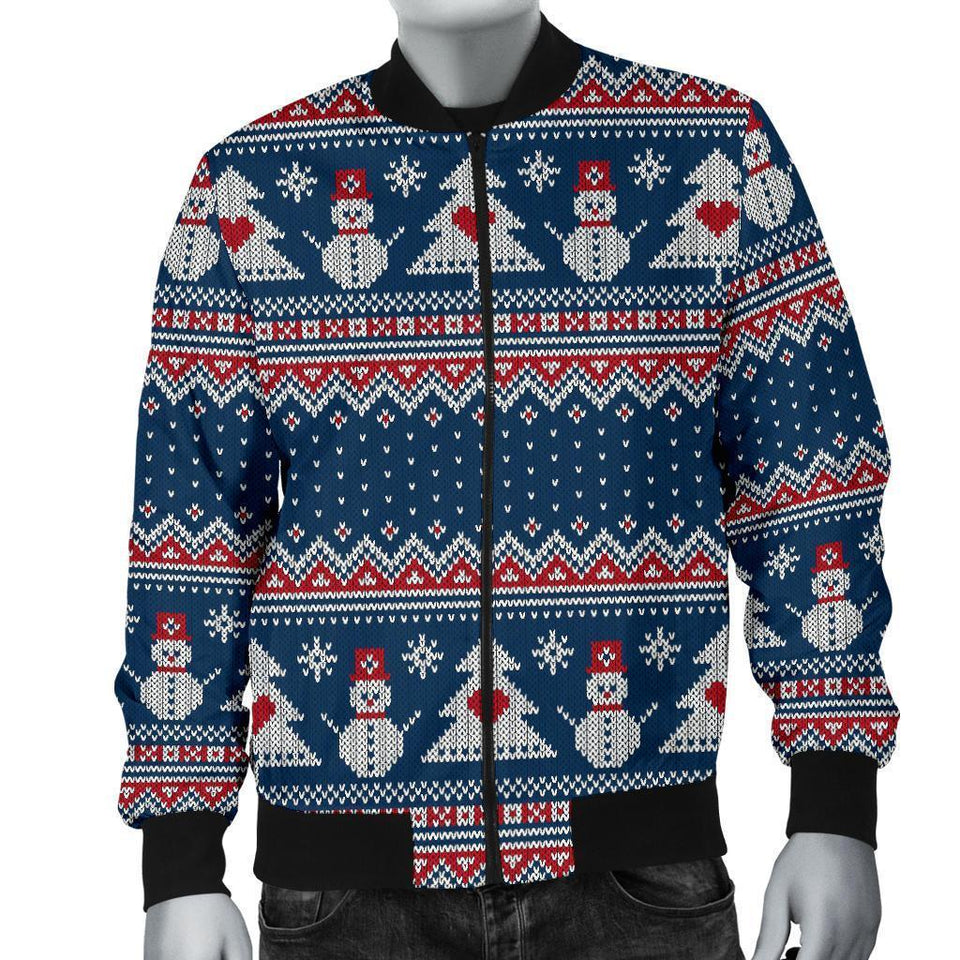 Fairisle Christmas Snowman Pattern Print Men Casual Bomber Jacket