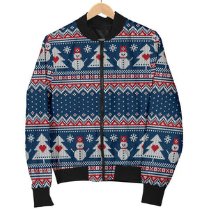 Fairisle Christmas Snowman Pattern Print Men Casual Bomber Jacket