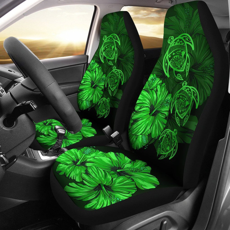 Hawaiian Map Turtle Hibiscus Green Vintage Polynesian  Car Seat Covers - AH J9