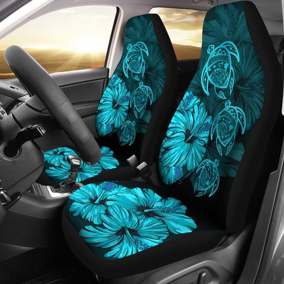 Hawaiian Map Turtle Hibiscus Turquoise Vintage Polynesian  Car Seat Covers - AH J9