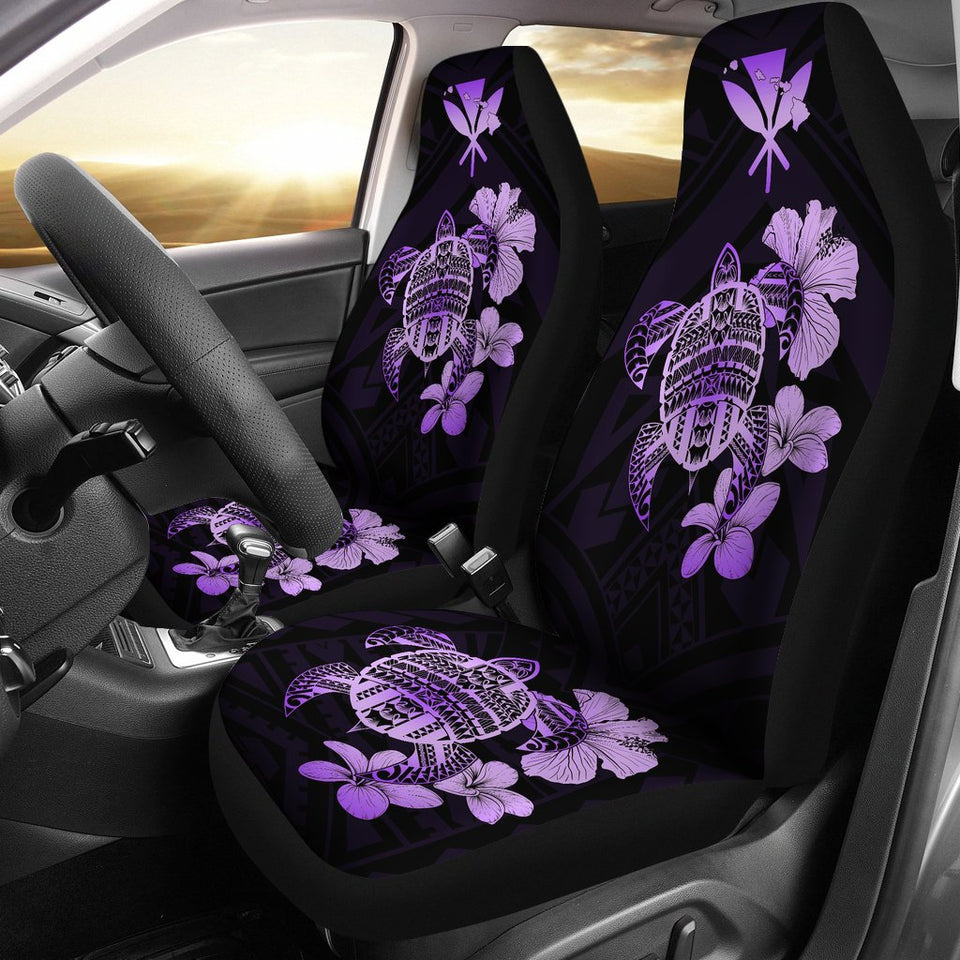 Hawaiian Kanaka Hibiscus Plumeria Mix Polynesian Turtle Car Seat Covers Violet AH J1
