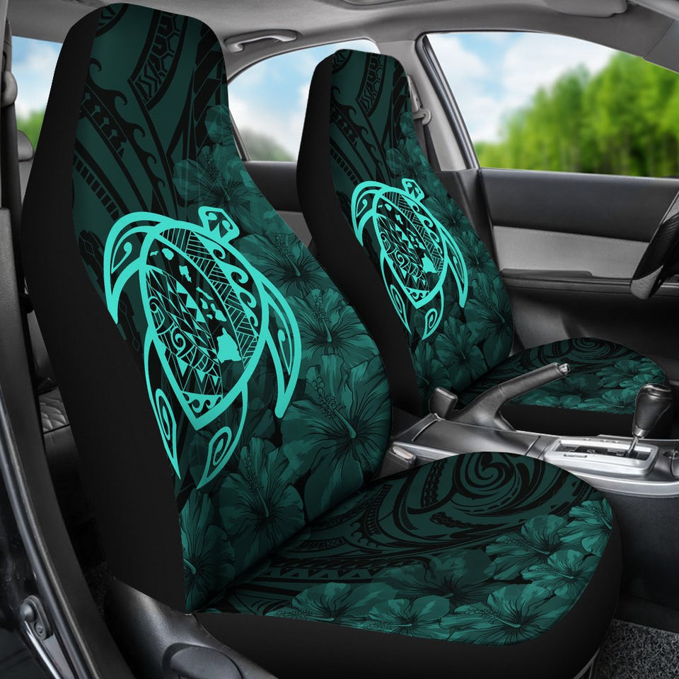 Alohawaii Car Seat Covers - Hawaii Turtle Map Hibiscus Poly Turquoise - AH J4