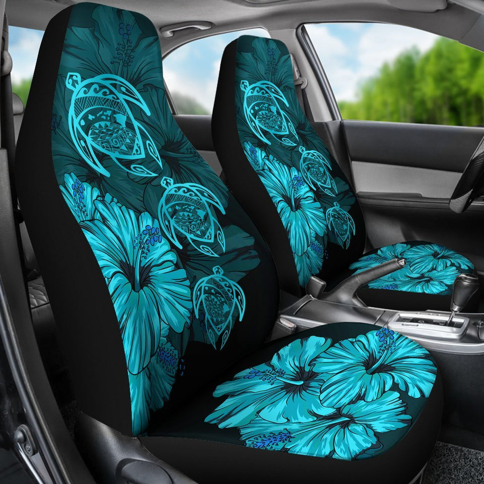 Hawaiian Map Turtle Hibiscus Turquoise Vintage Polynesian  Car Seat Covers - AH J9