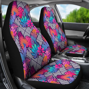 Hawaiian Tropical Exotic Leaves And Flowers On Geometrical Ornament. Car Seat Cover - AH - J7