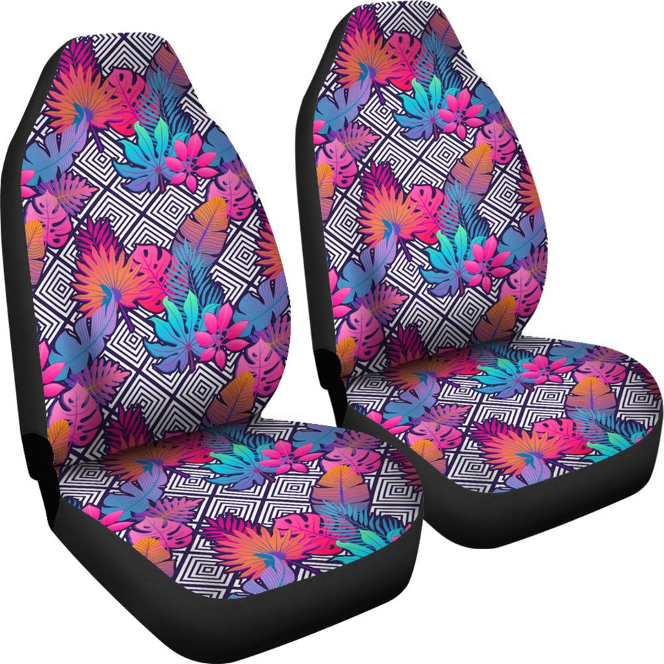 Hawaiian Tropical Exotic Leaves And Flowers On Geometrical Ornament. Car Seat Cover - AH - J7
