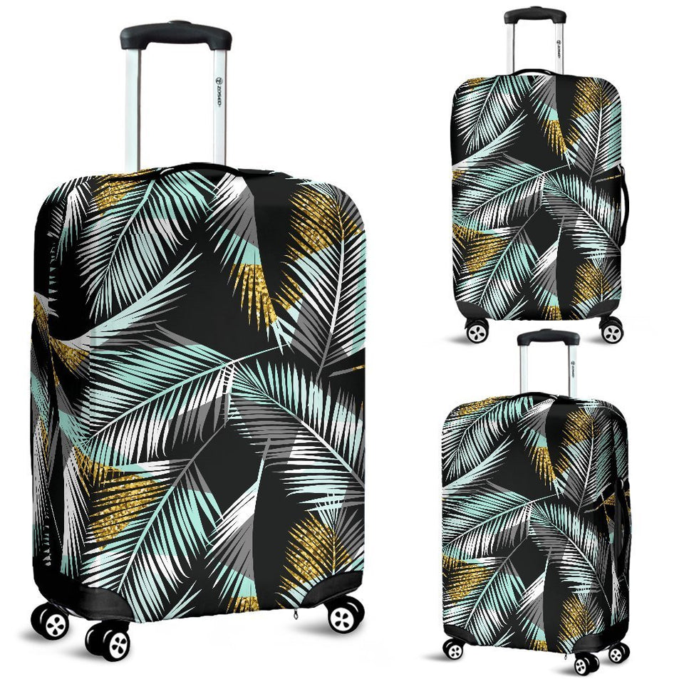 Gold Glitter Cyan Tropical Palm Leaves Luggage Cover Protector