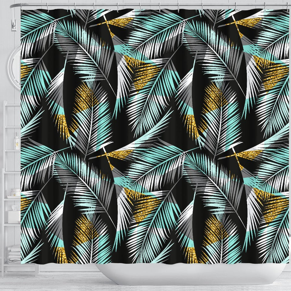 Gold Glitter Cyan Tropical Palm Leaves Shower Curtain