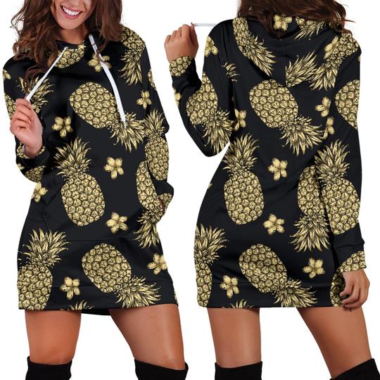 Gold Pineapple Hibiscus Hoodie Dress 3D Style Women All Over Print Gold Pineapple Hibiscus Hoodie Dress 3D Style Women All Over Print - Vegamart.com