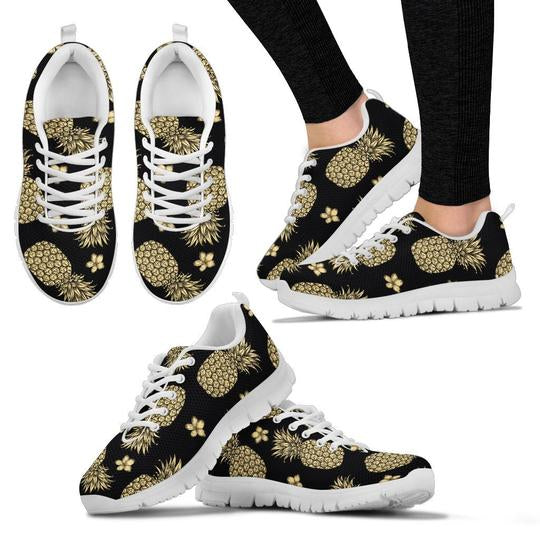 Gold Pineapple Hibiscus White Sneakers Shoes For Women, Men Gold Pineapple Hibiscus White Sneakers Shoes For Women, Men - Vegamart.com