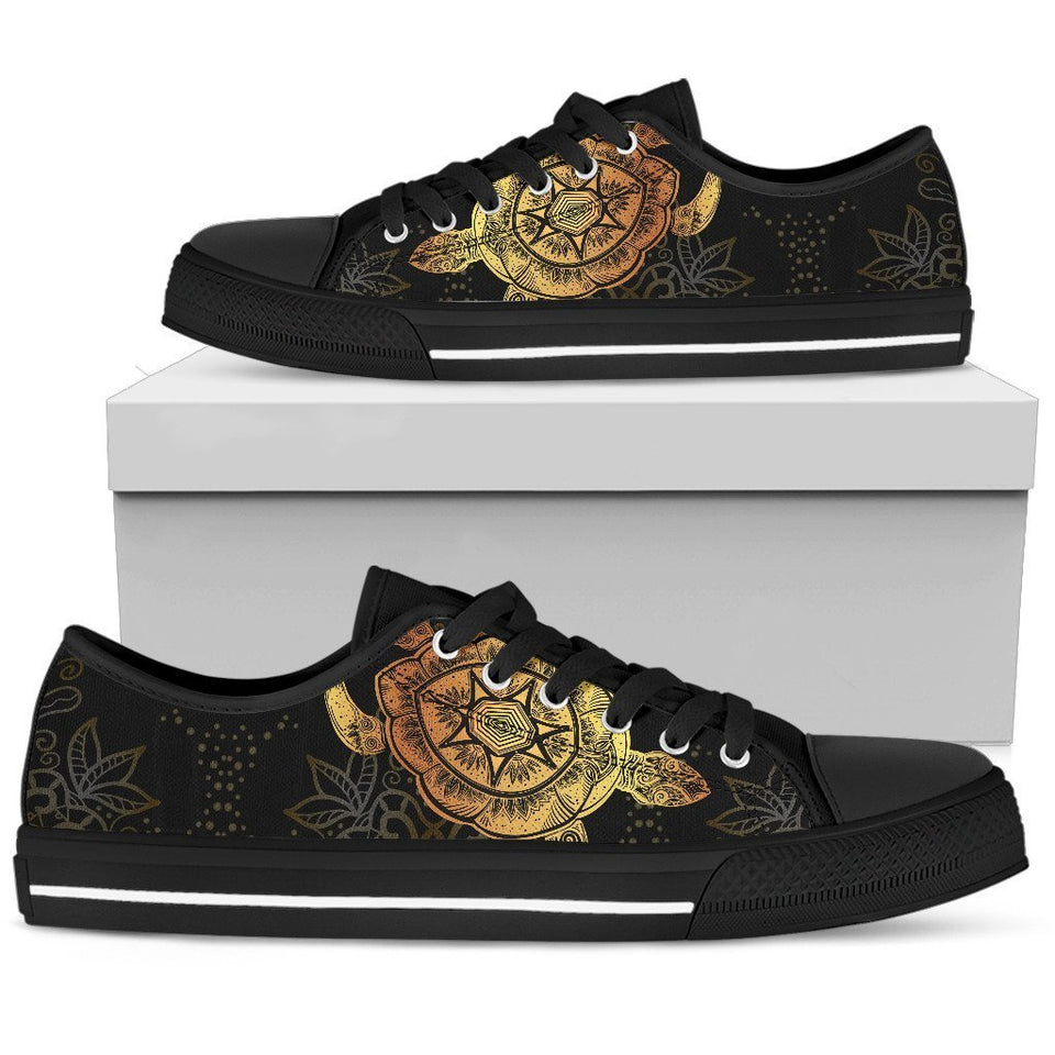 Golden Sea Turtle Low Top Shoes For Women White, Black Custom Shoes Golden Sea Turtle Low Top Shoes For Women White, Black Custom Shoes - Vegamart.com