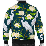 Heron Lotus Pattern Print Men Casual Bomber Jacket