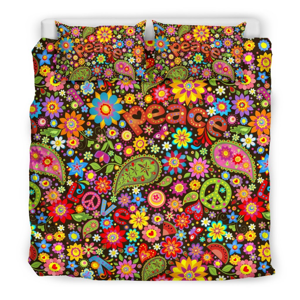 Hippie Paisley Floral Peace Sign Pattern Print Duvet Cover Bedding Set