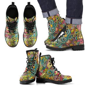 Hippie Psychedelic Van Peace Sign Pattern Print Men Women Leather Boots