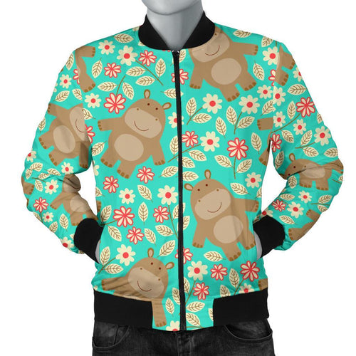 Hippo Floral Pattern Print Men Casual Bomber Jacket