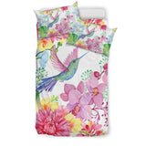 Hummingbird White Floral Drawing Pattern Print Duvet Cover Bedding Set