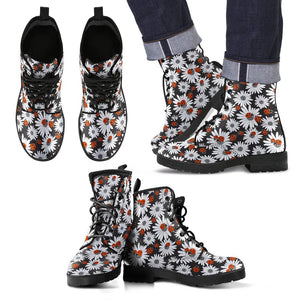 Ladybug Daisy Pattern Print Men Women Leather Boots