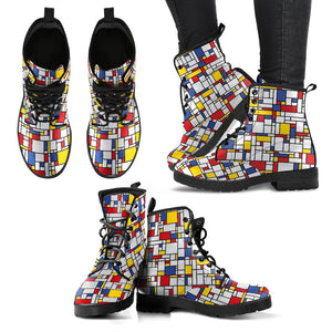 Mondrian Pattern Print Men Women Leather Boots
