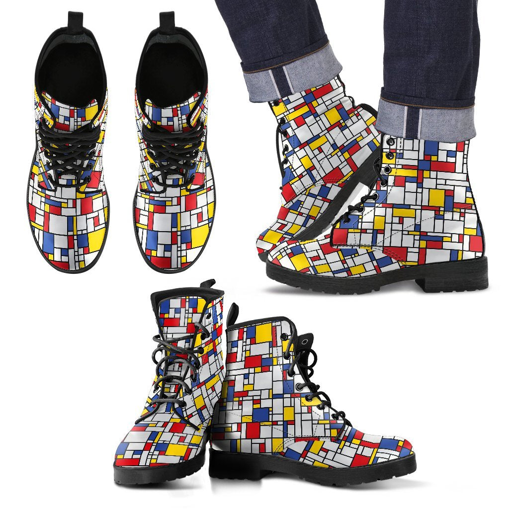Mondrian Pattern Print Men Women Leather Boots