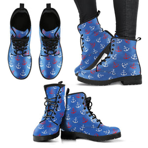 Nautical Anchor Pattern Print Men Women Leather Boots