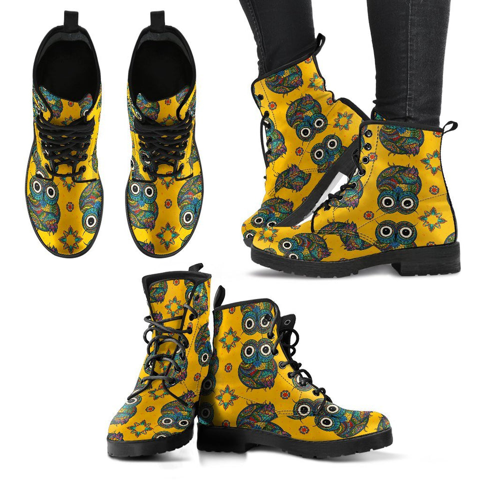 Ornamental Owl Pattern Print Men Women Leather Boots