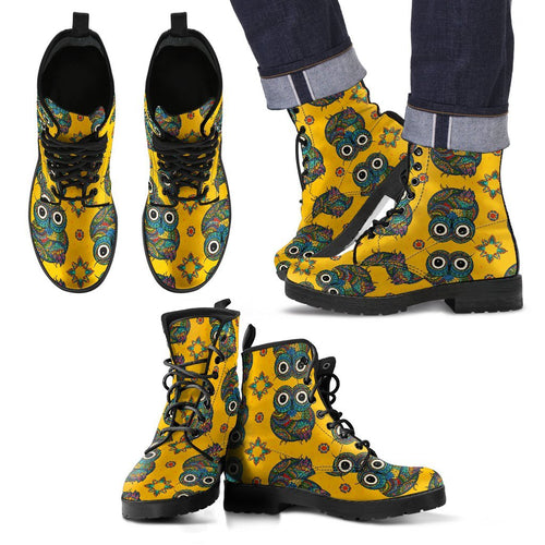 Ornamental Owl Pattern Print Men Women Leather Boots