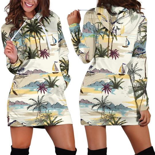 Palm Tree Beach Print Hoodie Dress 3D Style Women All Over Print Palm Tree Beach Print Hoodie Dress 3D Style Women All Over Print - Vegamart.com