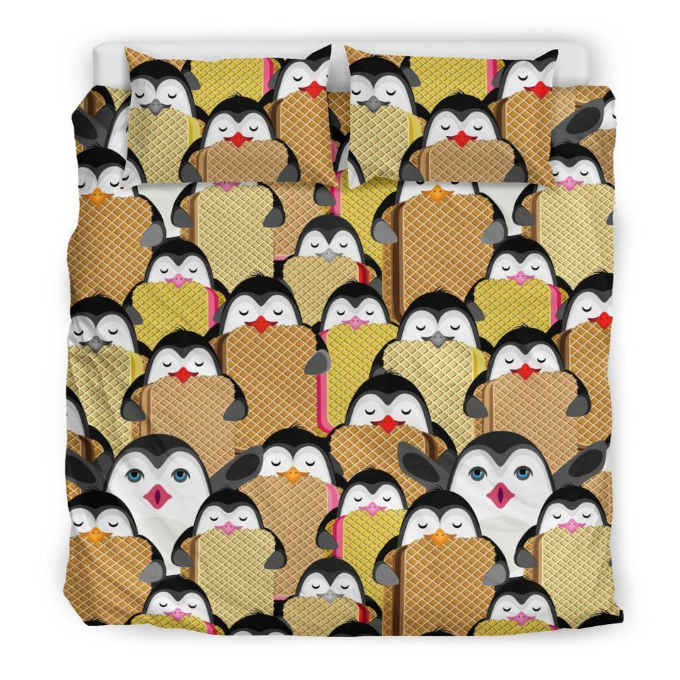 Penguin Waffle Pattern Print Duvet Cover Bedding Set