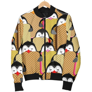 Penguin Waffle Pattern Print Women Casual Bomber Jacket