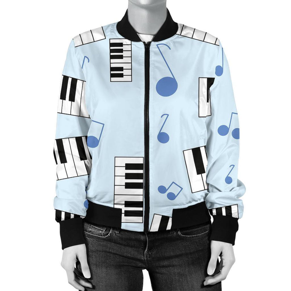 Piano Blue Pattern Print Women Casual Bomber Jacket
