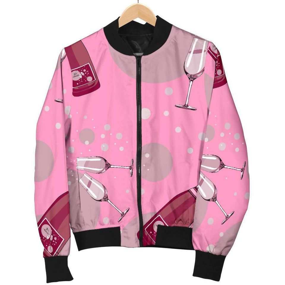 Pink Champagne Pattern Print Women Casual Bomber Jacket