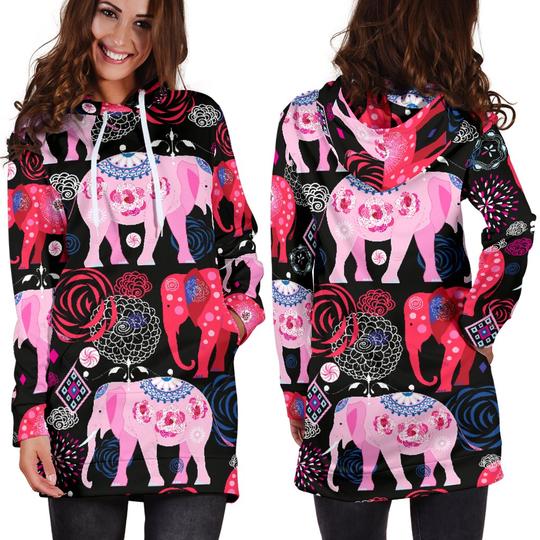 Pink Elephant Pattern Hoodie Dress 3D Style Women All Over Print Pink Elephant Pattern Hoodie Dress 3D Style Women All Over Print - Vegamart.com