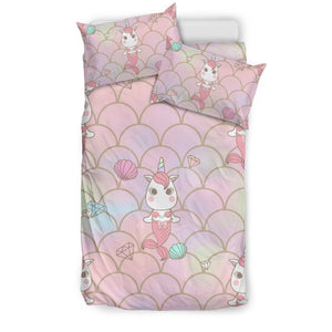 Pink Girly Mermaid Unicorn Teal Scales Pattern Print Duvet Cover Bedding Set