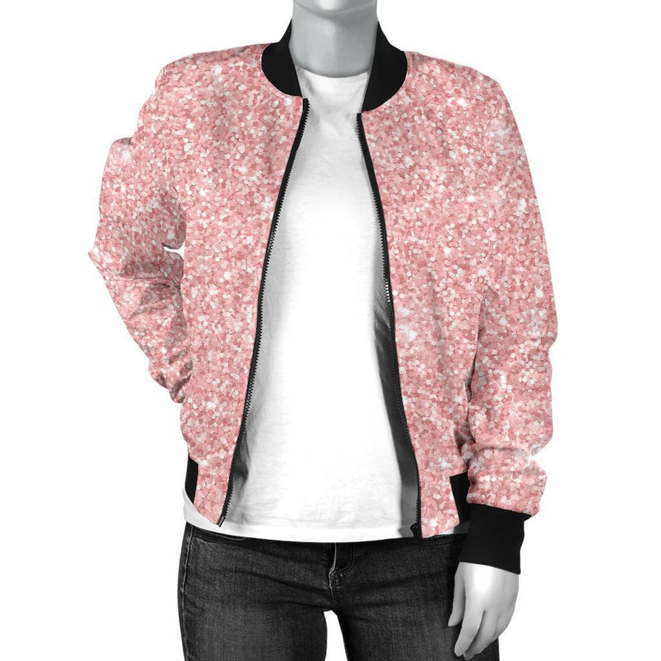 Pink Glitter Pattern Print Women Casual Bomber Jacket