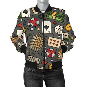 Poker Casino Pattern Print Women Casual Bomber Jacket
