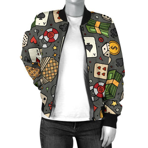 Poker Casino Pattern Print Women Casual Bomber Jacket