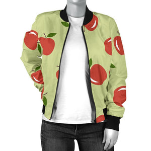 Red Apple Print Pattern Women Casual Bomber Jacket