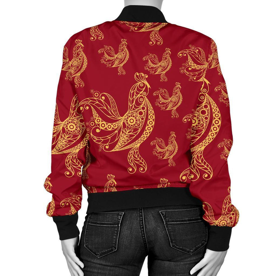 Rooster Pattern Print Women Casual Bomber Jacket