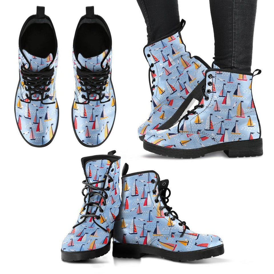 Sailboat Ocean Pattern Print Men Women Leather Boots