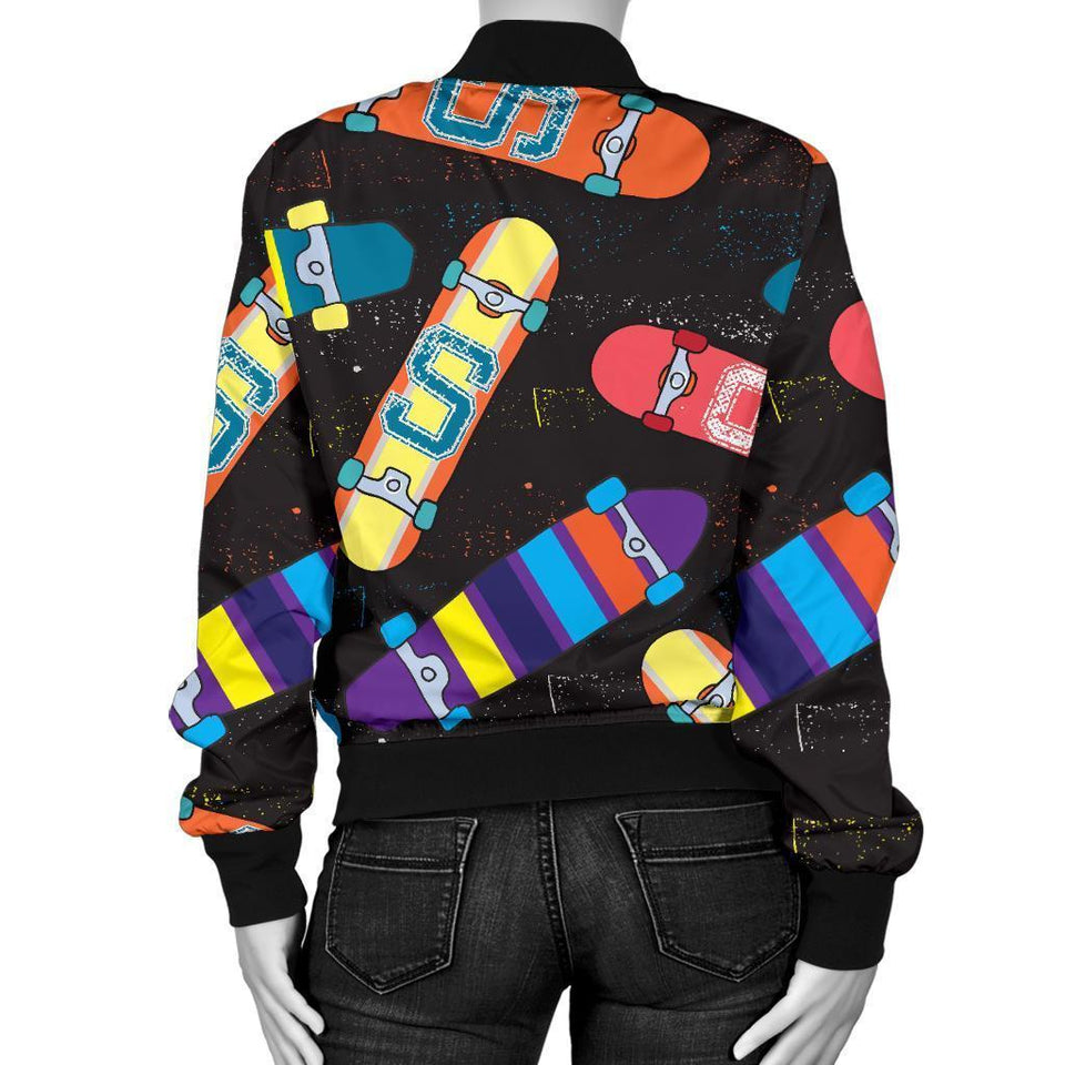 Skateboard Colorful Pattern Print Women Casual Bomber Jacket