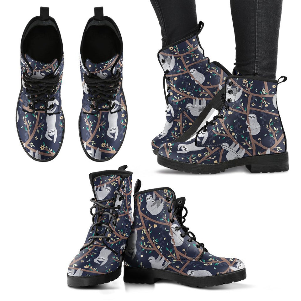 Sloth Floral Pattern Print Men Women Leather Boots
