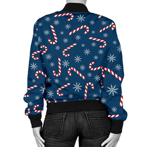 Snowflake Cady Cane Pattern Print Women Casual Bomber Jacket