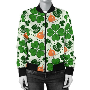 St Patrick's Day Leprechaun Pattern Print Women Casual Bomber Jacket
