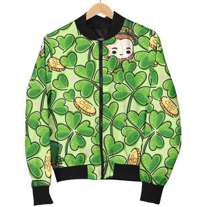 St Patrick's Day Shamrock Pattern Print Women Casual Bomber Jacket