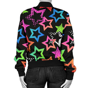 Star Colorful Pattern Print Women Casual Bomber Jacket