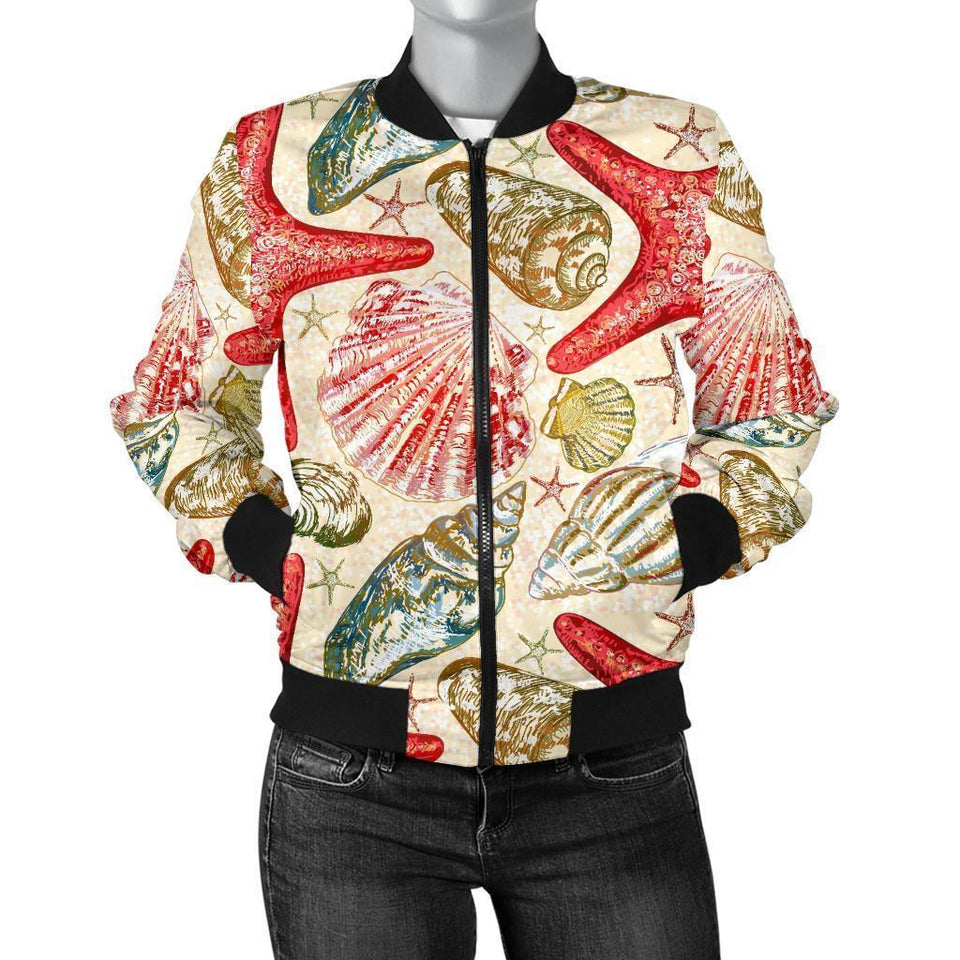 Starfish Shell Print Pattern Women Casual Bomber Jacket