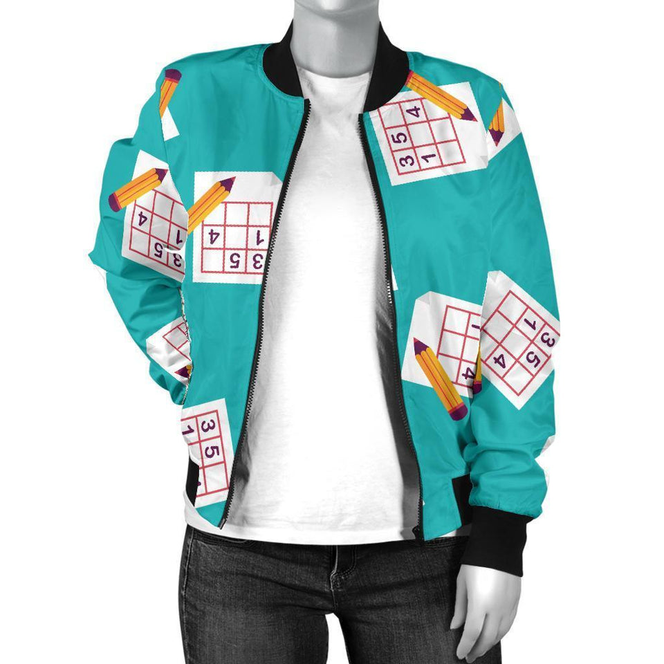 Sudoku Pattern Print Women Casual Bomber Jacket