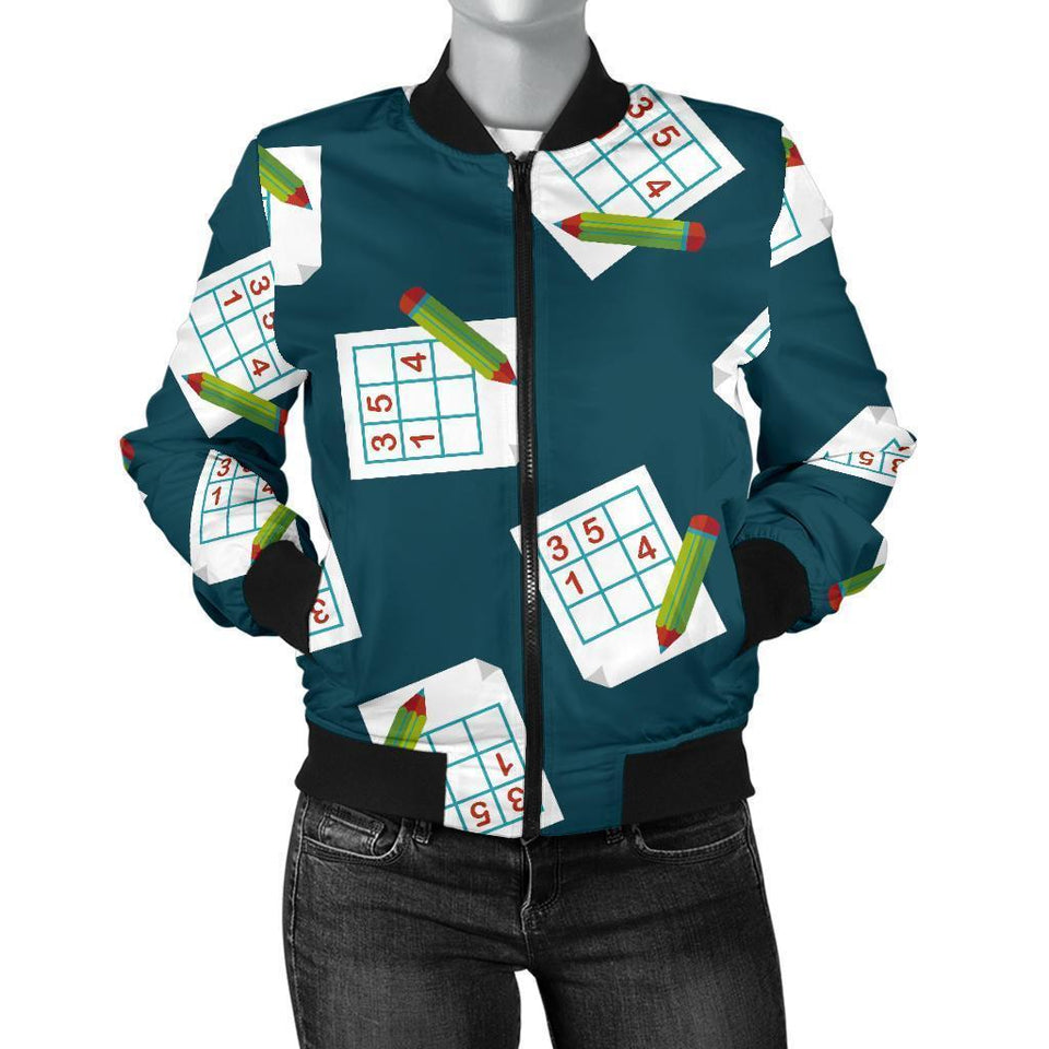 Sudoku Print Pattern Women Casual Bomber Jacket