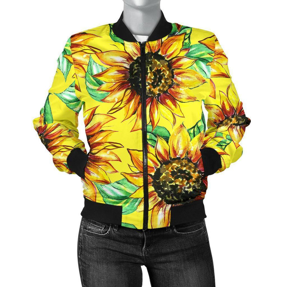 Sunflower Cartoon Pattern Print Women Casual Bomber Jacket