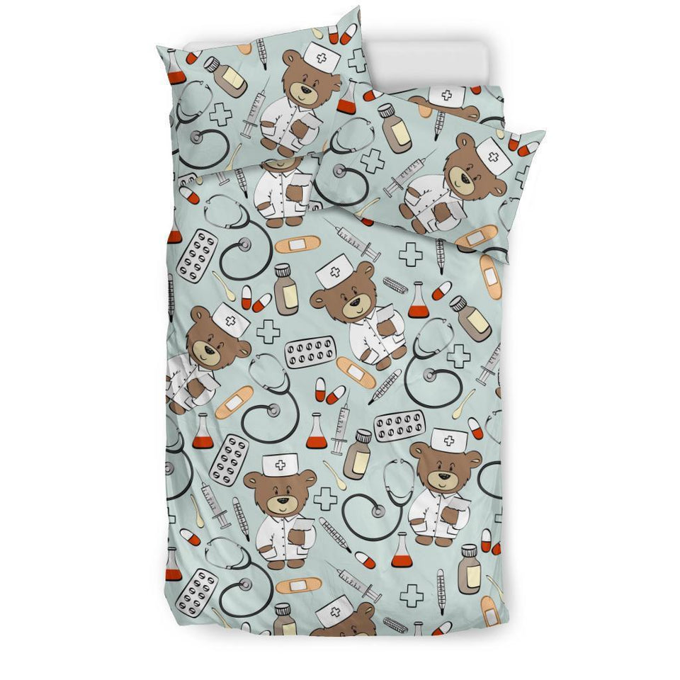 Teddy Bear Nurse Pattern Print Duvet Cover Bedding Set