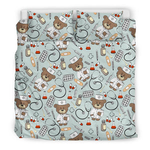 Teddy Bear Nurse Pattern Print Duvet Cover Bedding Set